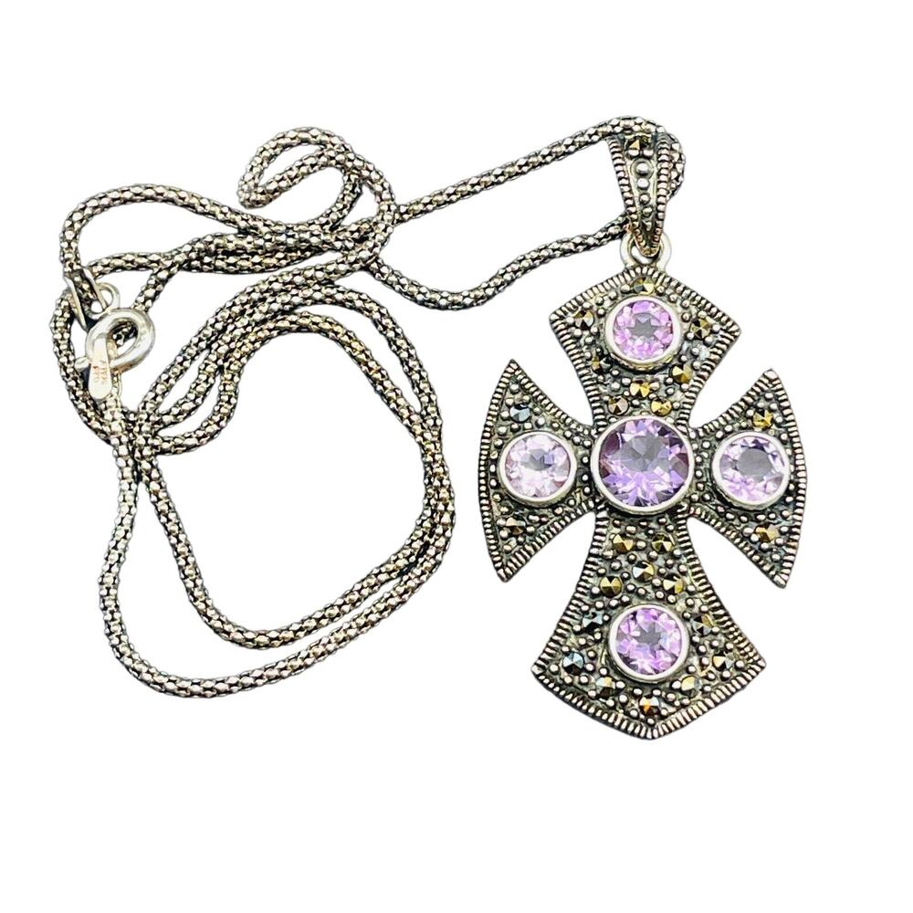 Sterling Silver Marcasite Gothic Cross Amethyst Stones 18" Snake Chain 925 NF
